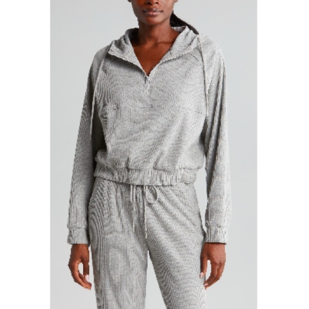 Zella Cozy Rib Half Zip Hoodie in Gray Light Heather Size Medium
